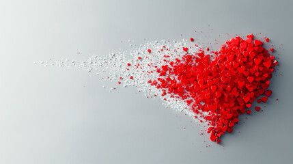Heart-shaped red confetti arranged on a white background in an artistic display of love