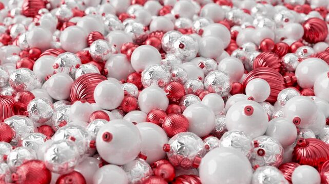 Lots of Christmas tree decorations, the camera flying over them, jumping like alive. The mood of Christmas.