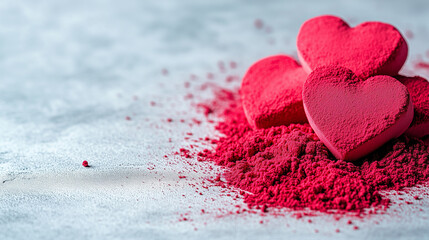Fototapeta premium Red heart shapes made of powder arranged on a light background for creative decoration ideas