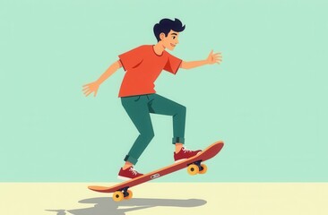 Fototapeta premium Young person skateboarding on a clean yellow background.