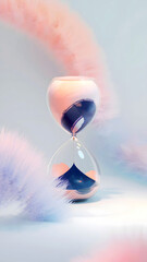 Pastel hourglass with feathers and dreamy hues, great for fantasy time-themed concept art, wallpapers