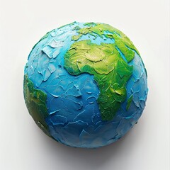 A textured globe, painted in shades of blue and green, sits against a white background.  The...