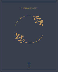 Funeral vector card. Empty card. Gold frame with leaves on the centre