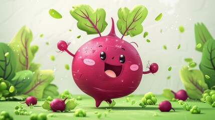 A lively cartoon illustration of a cute beet character energetically running across a bright green screen background. Playful vegetable character concept