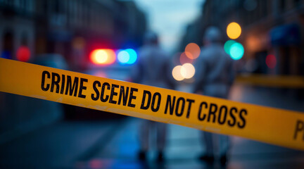 Yellow tape that says "Crime Scene Do Not Cross" and a blurry background. - Generative AI