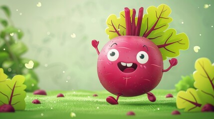A lively cartoon illustration of a cute beet character energetically running across a bright green screen background. Playful vegetable character concept