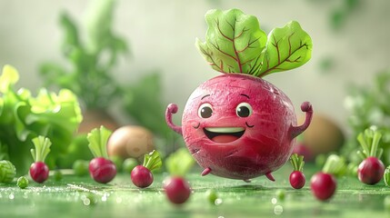A lively cartoon illustration of a cute beet character energetically running across a bright green screen background. Playful vegetable character concept