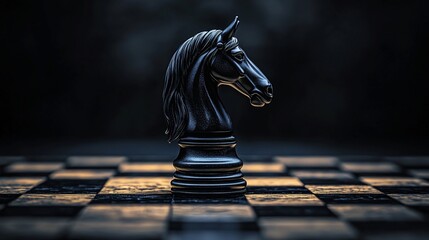 Black knight chess piece on dark board.