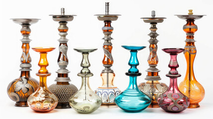 Collection of Colorful Elegant Hookahs Arranged Side by Side. Concept of Traditional Smoking Pipes, Hookah Designs, Intricate Glass Art, Decorative Elements