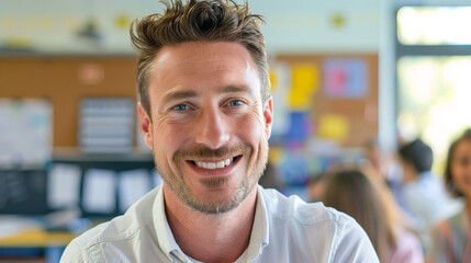 Obraz premium Smiling Caucasian Male Teacher in Classroom Setting Embracing Education and Positivity Concept of Learning Enthusiasm and Teaching Dedication. Copy space