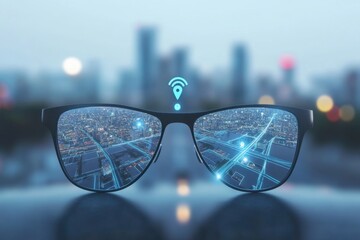 Innovative smart glasses display urban landscape with digital connections and navigation options