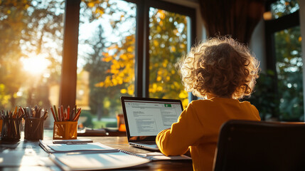Child engaged in online learning at home during a sunny autumn afternoon