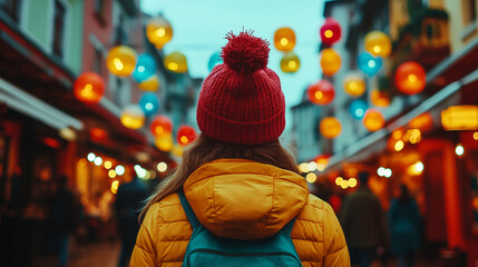 Obraz premium Traveler explores vibrant city market filled with colorful lanterns at dusk