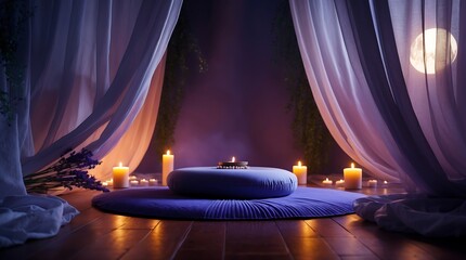 Serene Nighttime Meditation Space: Candlelit Sanctuary with Lavender and Moonlit Curtains