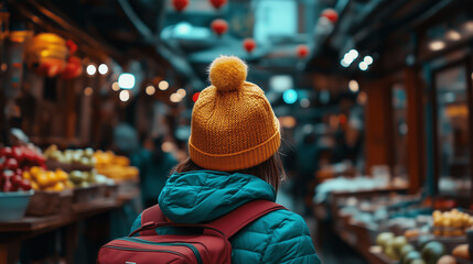 Traveler explores vibrant city market filled with colorful produce and lively atmosphere