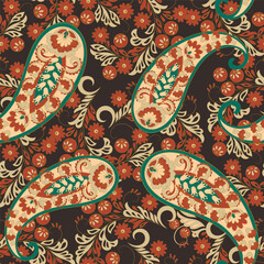 Digital vector textile print. Seamless Design suitable for covers, fabrics, textiles, wrapping paper, featuring an antique Thai pattern Paisley Indian motifs and decorative floral elements