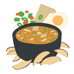 A Vector Illustration of Hot and Sour Soup in a Black Bowl with Mushrooms, Spring Onions, Carrots, Tofu, and Egg