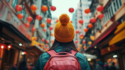 Obraz premium Traveler explores vibrant city market adorned with colorful lanterns at dusk