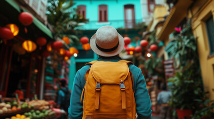 Obraz premium Traveler explores vibrant city market filled with colorful stalls and local produce