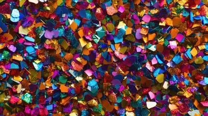 A vibrant explosion of multicolored confetti, a dazzling display of glittering texture and festive joy. Perfect for celebration backgrounds, party invitations, or any project needing a burst of color.