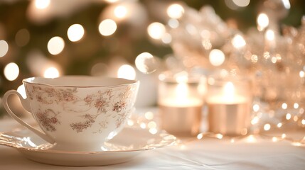 Fototapeta premium A delicate teacup and saucer sit on a table adorned with warm candlelight and a soft bokeh background. Perfect for cozy, winter, or holiday themes.