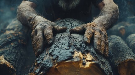 Obraz premium Close-up of dirty hands in work gloves, examining charred log.