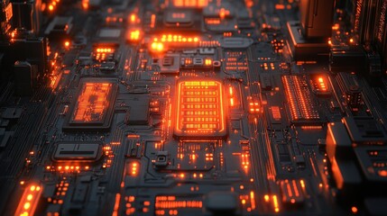 Obraz premium Close-up of glowing circuit board with illuminated processor chips.