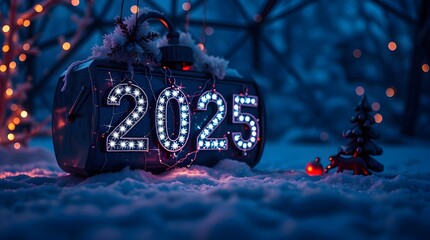 A high-contrast, low-key close-up shot using surreal infrared tones depicts a 2025 New Year countdown clock with magical winter decorations on a blue snowy background. The Christmas eve celebration