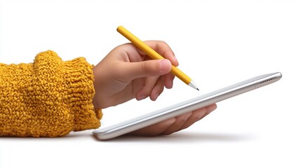 Isolated a white background A childs hand holding a futuristic digital pen over a tablet symbolizing modern education and technology ready for learning in a sleek minimalistic design