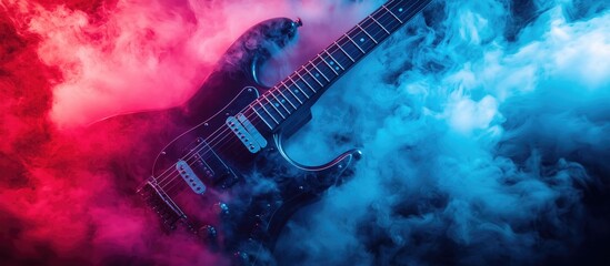 Colorful electric guitar with smoke in a vibrant neon atmosphere