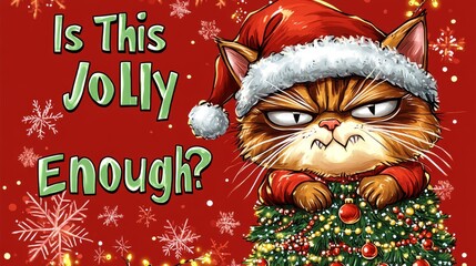 A grumpy cat wearing a Santa hat stands amidst colorful Christmas decorations, conveying a humorous holiday message about jolliness and festive spirit.