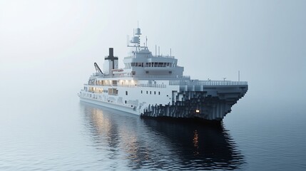 White research vessel at sea, low-poly 3D render.