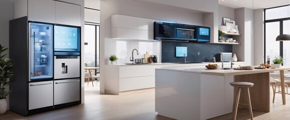 illustrate the concept of the Internet of Things with an image of a smart home, featuring various connected devices and appliances, shot from a low angle with a wide-angle lens