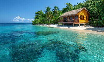 Fototapeta premium A secluded tropical island features a wooden cabin and palm trees on white sand, facing turquoise waters