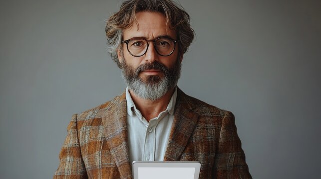Isolated a white background A principal standing with a tablet showing a white screen ready to check the schools attendance list