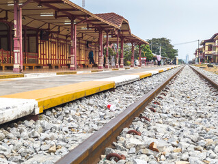 Close up of railway tracks,passing through Hua Hin railway station,Thailand.
