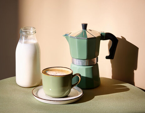 Cafetera italiana con taza de cappuccino y botella de leche