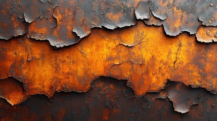 Close-up of rusty, peeling metal texture with dark and orange tones.