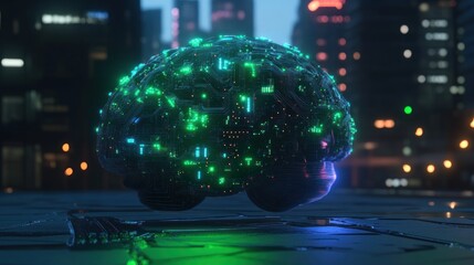 Futuristic brain-shaped object glowing in a city at night.