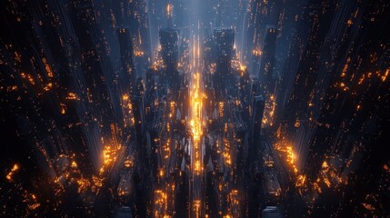 Futuristic city at night, glowing buildings and streets.