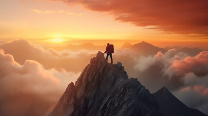 A lone hiker on a mountain peak admiring the sunset