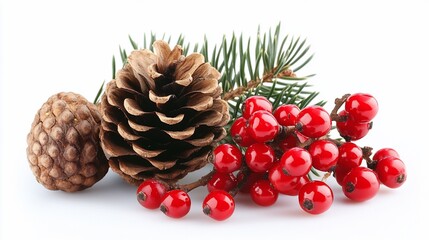 Festive arrangement of pine cone, berries, and fir branch on white.