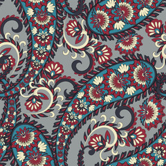 Digital vector textile print. Seamless Design suitable for covers, fabrics, textiles, wrapping paper, featuring an antique Thai pattern Paisley Indian motifs and decorative floral elements