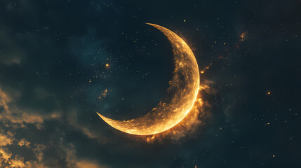 Fototapeta premium Crescent moon glow: a luminous crescent moon, bathed in warm, golden light, illuminates the night sky, creating an ethereal and mesmerizing celestial scene. Moondust. Illustration