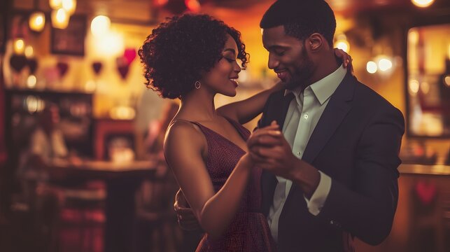 A romantic couple slow dances in a dimly lit bar, their eyes locked in affection. She wears a burgundy dress, he a suit. Warm lighting creates a cozy atmosphere. - Powered by Adobe