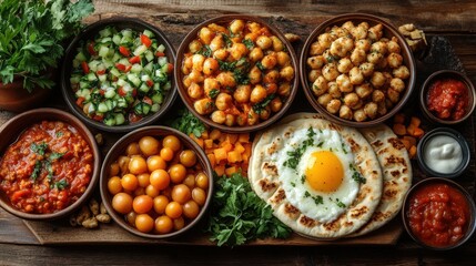 Overhead shot of a delicious Middle Eastern mezze platter with various dips, salads, and a fried egg.