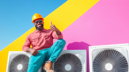 African male technician with hard hat giving thumbs up on bright background