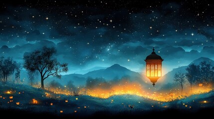 Fototapeta premium Night landscape with glowing lanterns and starry sky.