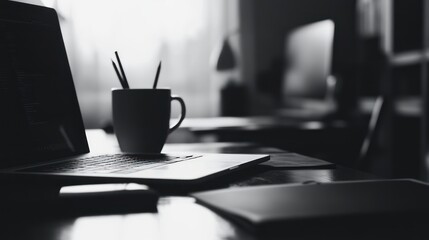 Laptop on a Desk with a Mug of Pens