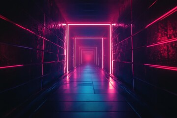 Bright neon tunnel with reflections of light creating an immersive atmosphere